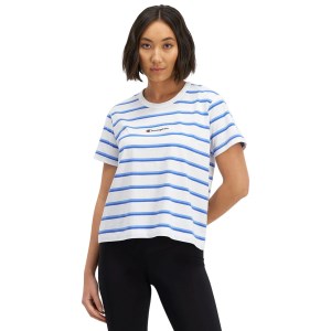 Champion Script Stripe Womens T-Shirt - White/Bluebell Stripe