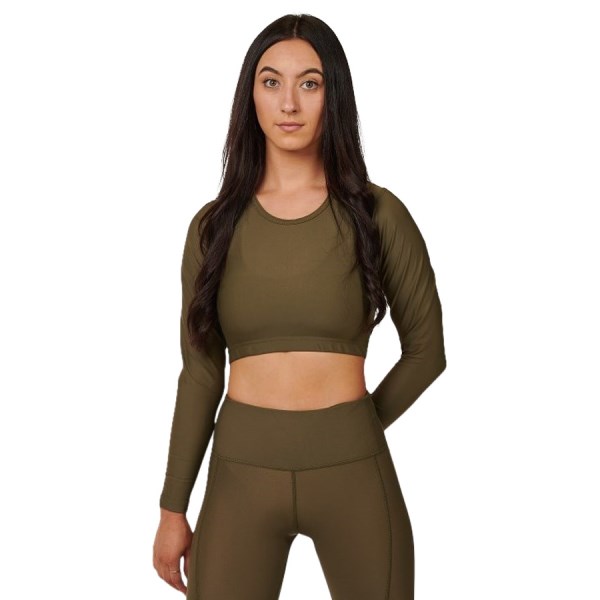 o2fit Womens Compression Long Sleeve Crop Top - Army Green
