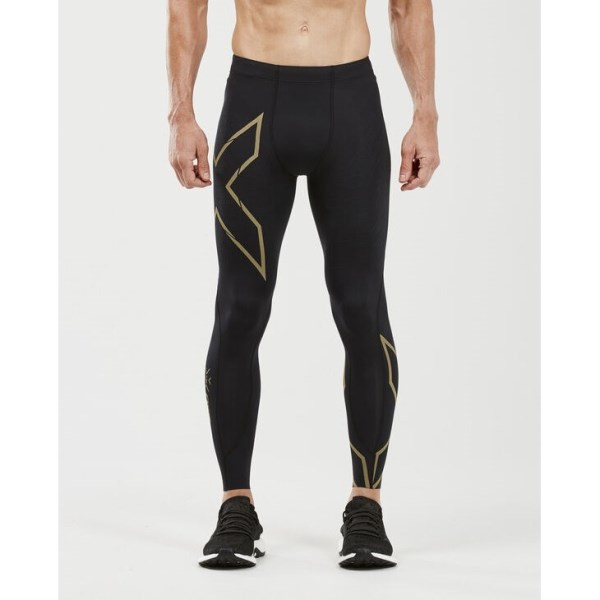 2XU MCS Light Speed Run Mens Compression Tights With Back Storage - Black/Gold Reflective