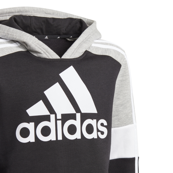 Adidas Essentials Logo Colourblock Kids Hoodie - Black/Medium Grey Heather/White