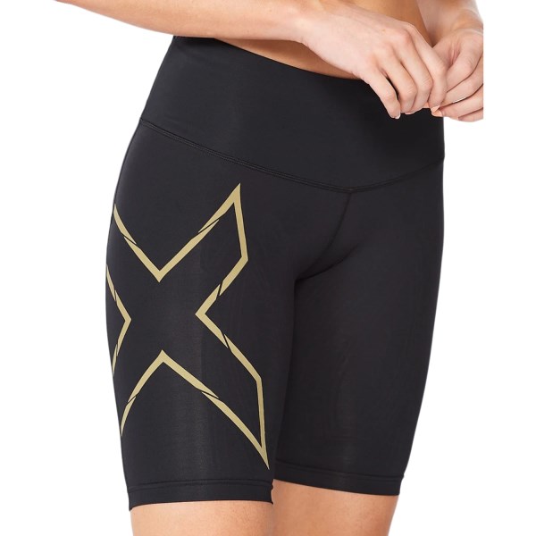 2XU Light Speed Mid-Rise Womens Compression Shorts - Black/Gold/Reflective Silver