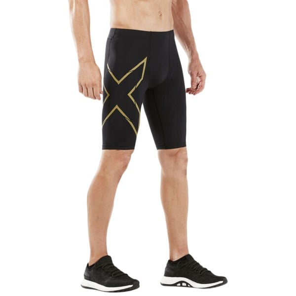 2XU Light Speed Mens Compression Shorts With Back Storage - Black/Gold Reflective