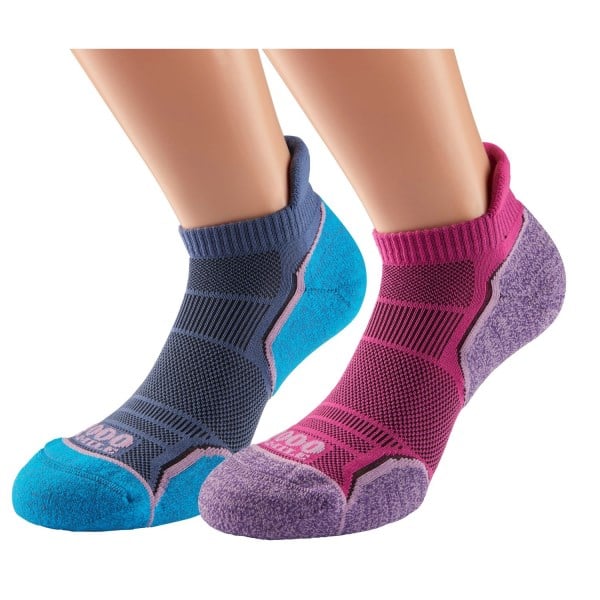 1000 Mile Run Socklet Womens Sports Socks - Twin Pack - Hot Pink/Lavender & Steel/Blue