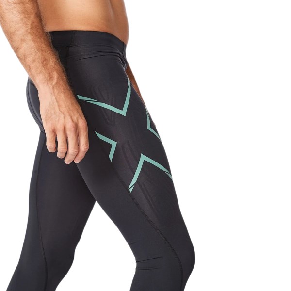 2XU MCS Light Speed Run Mens Compression Tights With Back Storage - Black/Silver/Sage Reflective
