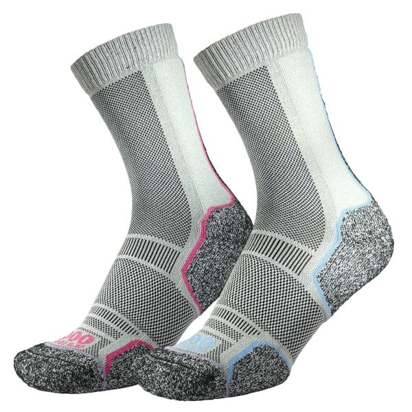 1000 Mile Trek Repreve Womens Trail Running Socks - Single Layer, Twin Pack - Silver/Blue/Pink