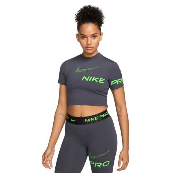 Nike Pro Dri-Fit Graphic Cropped Womens Training T-Shirt - Gridiron/Green Strike