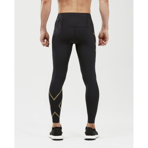 2XU MCS Light Speed Run Mens Compression Tights With Back Storage - Black/Gold Reflective