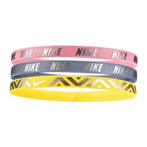 Nike Metallic Kids Girls Sports Headbands - Assorted 3 Pack - Pink/Dynamic Yellow/Ashen Slate