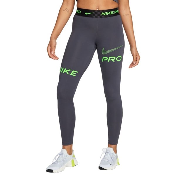 Nike Pro Dri-Fit Mid-Rise Graphic Womens Full Length Training Tights - Gridiron/Black/Green Strike