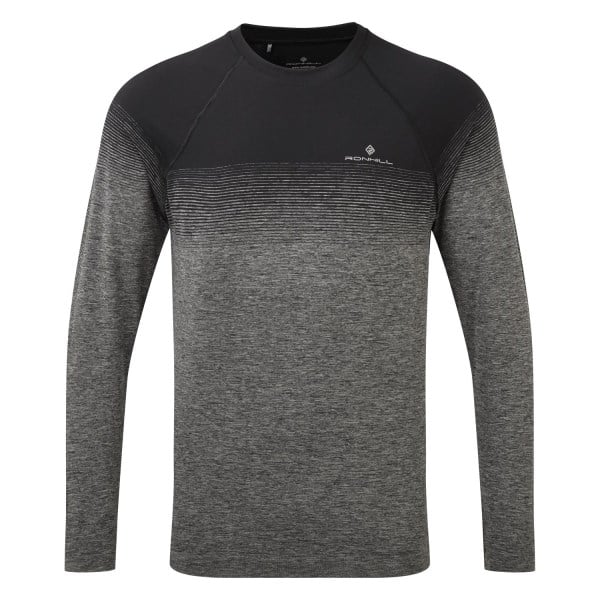 Ronhill Tech Marathon Mens Long Sleeve Running T-Shirt - Black/Grey Marl