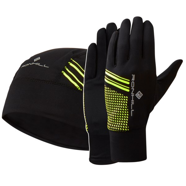Ronhill Running Beanie and Glove Set - Black/Fluro Yellow